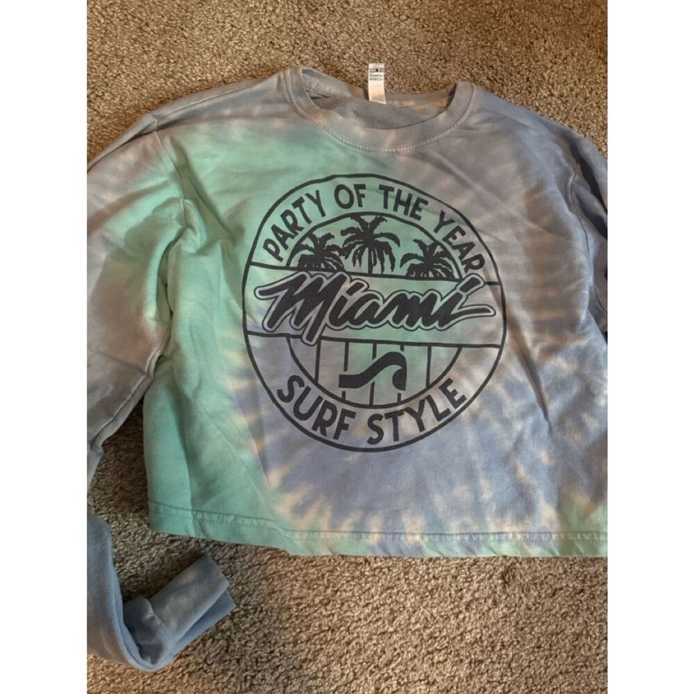 Tie-Dye Miami Surf Style Long Sleeve Thick Cropped Top - Blue & Green